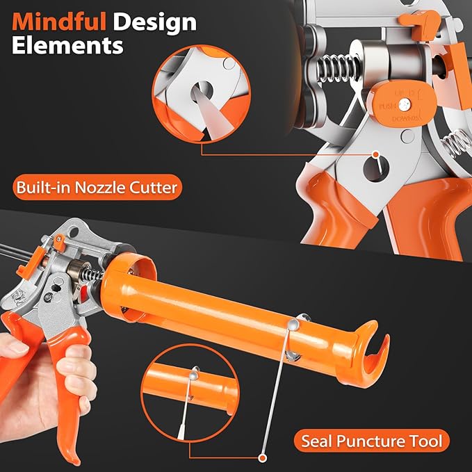 Holothurian Caulking Gun, Heavy-Duty Aluminum Caulk gun, 1/10 Gallon, Adjustable 12:1 & 25:1 Thrust Ratio, No-Drip, Built-in Nozzle Cutter and Puncture Tool, Two Nozzles and Scraper