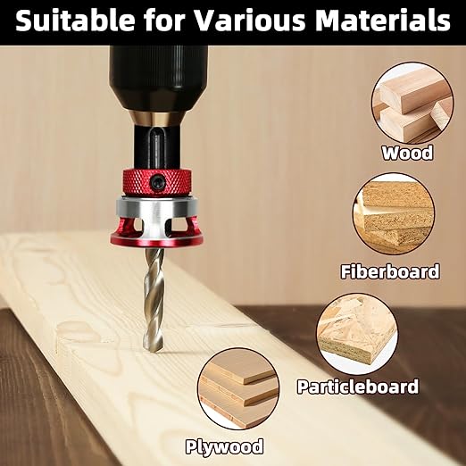 7-Piece Countersink Drill Bit Set with Aluminum Alloy Stop Collar, a Screwdriver Bit, 5 HSS M2 Tapered Bits and a Wrench, 1/4" Hex Shank Countersink Drill Bit for Woodworking