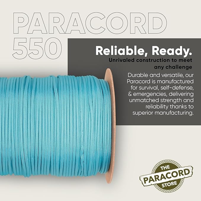 The Paracord Store | Type III 550 Paracord - 250 FT Spool, Neon Turquoise | Heavy Duty 7 Strand Tactical Paracord - USA Made Nylon Outdoor Parachute Cord for Camping, Fishing & More - Survival Cord
