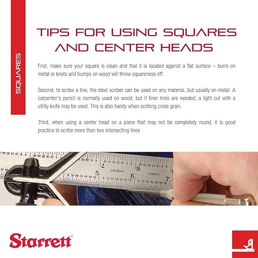 Starrett Steel Combination Square with Square Head - 6" Blade Length, Cast Iron Heads, Hardened Steel, Reversible Lock Bolt, Scriber, Spirit Level, 16R Graduation Type - 11H-6-16R