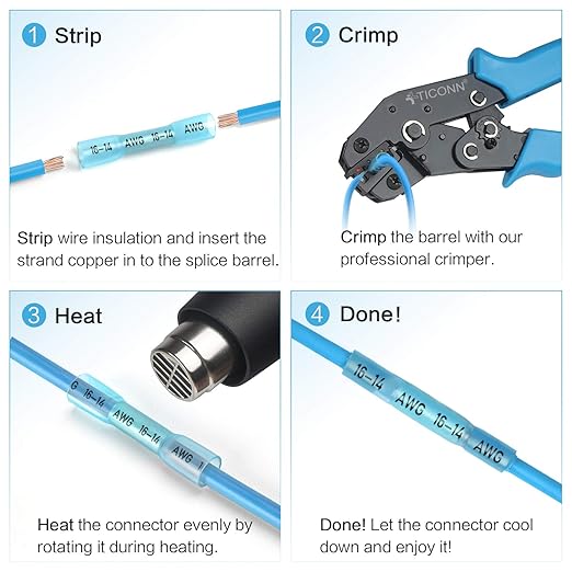 TICONN 200PCS Heat Shrink Butt Wire Connector Kit, Insulated Waterproof Electrical Wire Crimp Terminals Butt Splice for Marine Automotive (200PCS)
