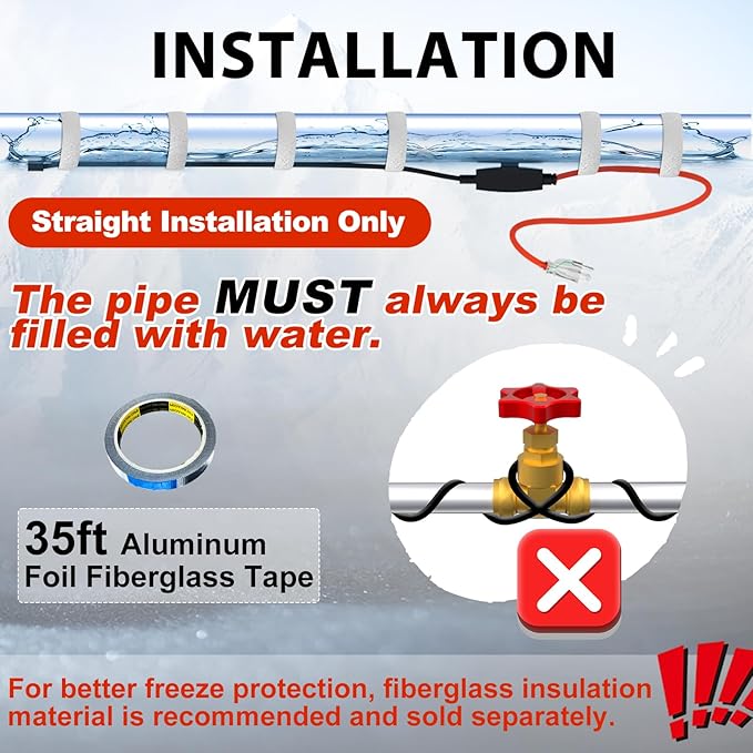 HEATIT Electric Heating Cable Automatic Heat Tape Pipe Freeze Protected Heated Cable PVC Pipe Heater 7 Feet