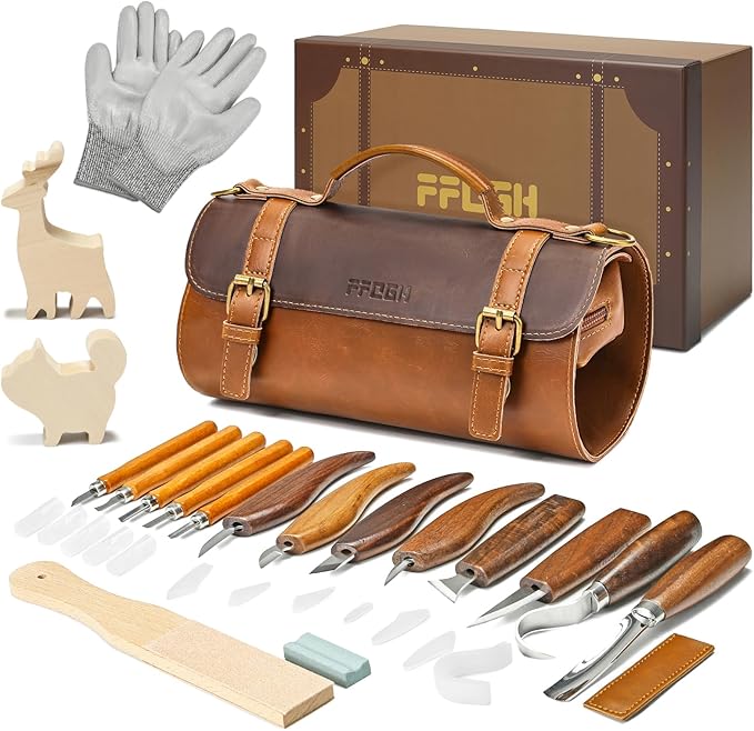 Wood Carving Tools Kit 20Pcs - Whittling Knife Set with Animal Wood Carving Blocks for Beginners, Woodworking Tools Gifts for Kids & Adults with Cut-Resistant Gloves & Large Leather Case