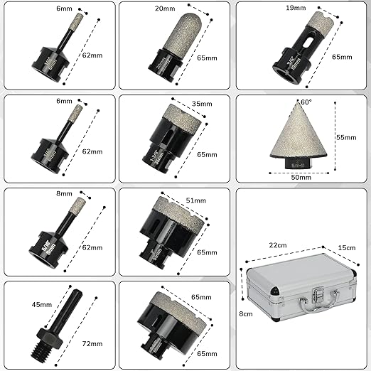 Diamond Tile Hole Saw Kit, 10 PCS Diamond Drill Bit Set, Diameter 6/6/8/19/35/51/65mm for Tile Porcelain Ceramic Marble, with 20mm Finger Bit, 50mm Chamfer Bit and SDS Adapter