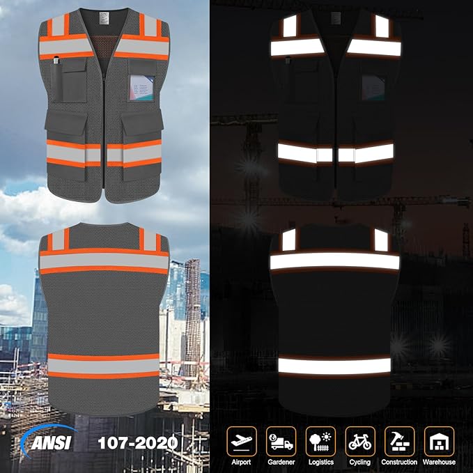 TCCFCCT Reflective Safety Vest 5 Pockets Mesh High Visibility Vest for Men Women, Hi Vis Construction Work Vest with Fluorescent Orange Edge, Durable with Reinforced Sewing, Meet ANSI/ISEA, DW-Grey, S