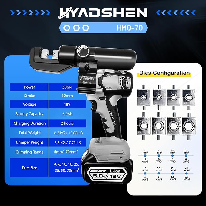 Electric Hydraulic Cable Lug Crimping Tool, Hydraulic Electrical Terminal Cable Lug Wire Crimper Rechargeable Crimping Tool Kits with 8 Dies, 12 AWG to 2/0 AWG（HMQ-70）