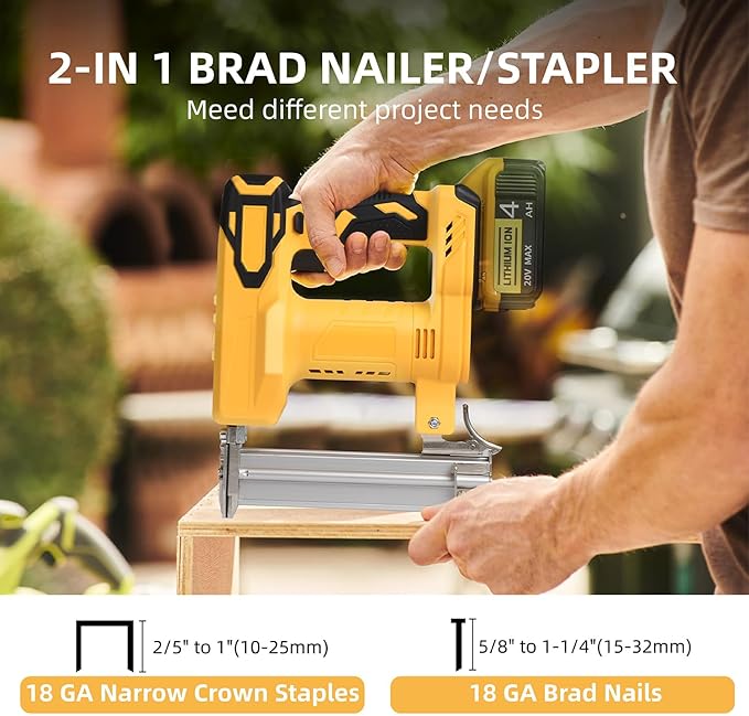 18 Gauge Brad Nailer/Narrow Crown Stapler Compatible with Dewalt 20V MAX Battery(NO Battery) 2 in 1 Cordless Nail Gun with 1000 Nails and 1000 Staples for Home Improvement, DIY and Woodworking