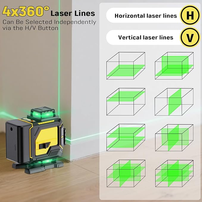 16 Line Laser Level 360 Self Leveling,4x360° Professional 4D Cross Line Green lazer Level with 2 Batteries for Construction and Picture Hanging,Adjustable Brightness Magnetic Bracket,Remote Control