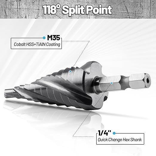 3 PCS Cobalt M35 Step Drill Bits Set 1/8" to 7/8", TiAlN Coating 4 Spiral Flute Step Bit for Stainless Steel, Metal, Aluminum, Plastic
