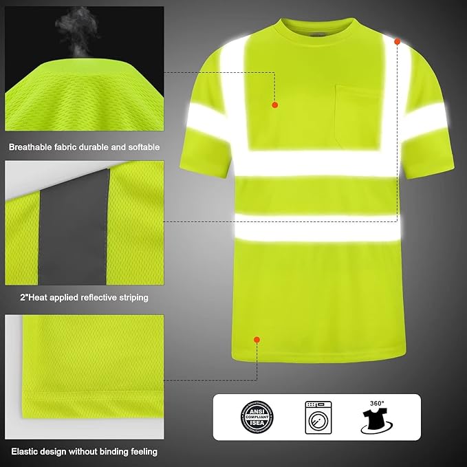 High Visibility Class 3 T Shirts，Hi Vis Safety Shirts with Reflective Strips and Pocket, Short Sleeve Quick Dry Mesh Construction Work Shirt for Men/Women Lime,5XL
