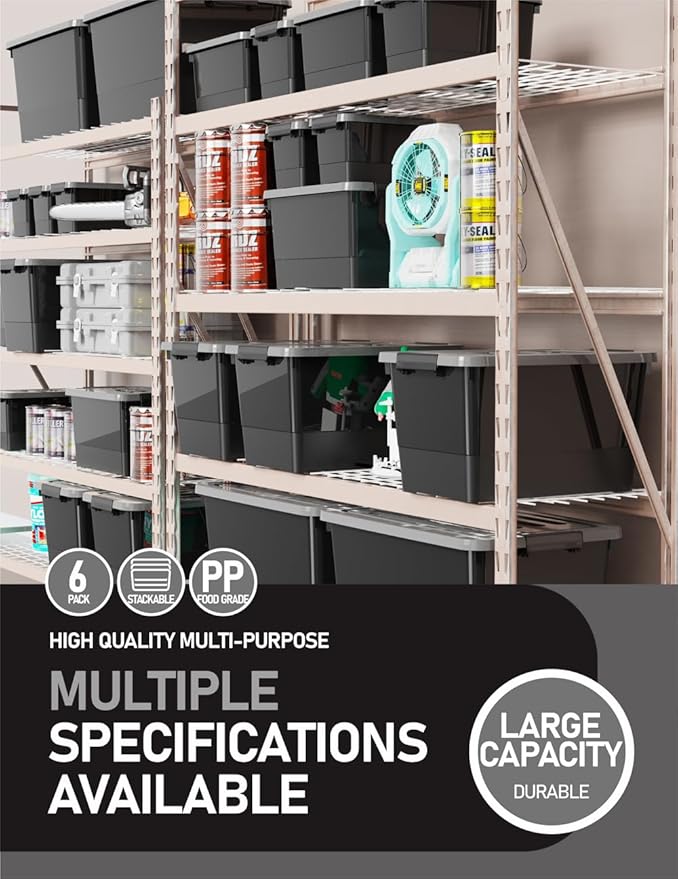 WYT 7 Quart Storage Bins with Lids and Latch, 6-Pack Stackable Plastic Organizing Box with Buckle and Handle, Durable Nestable Totes Containers (Black/Grey)