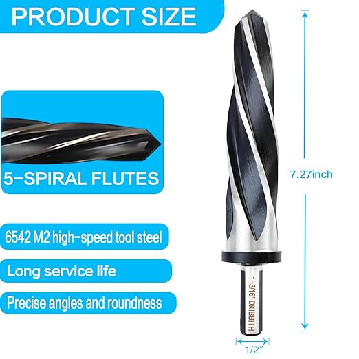 DKIBBITH 1-3/16" Bridge Construction Reamer Drill Bit, M2 HSS Taper Chucking Reamer for Steel Alloy Metal Wood Plastic, 1/2" Non-Slip Shank, 5-Spiral Flutes Car Reamer, to Align or Enlarge Holes, 30mm