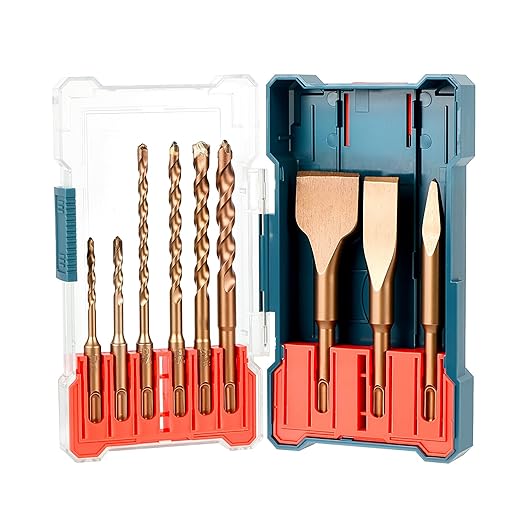 9Pcs SDS-Plus Rotary Hammer Drill Bits and Chisel Set, 3/8 1/4 3/16 5/16 1/2 inch Drill Bits, 2 Flat and 1 Point Chisel for Concrete Stone Brick