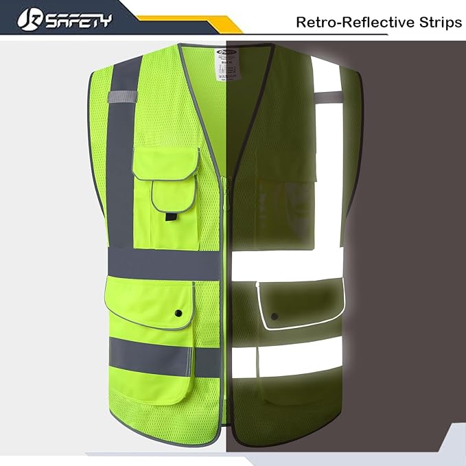 JKSafety 9 Pockets High Visibility Safety Vest for Men and Women, Hi-Vis Reflective Yellow Safety Vests with Zipper Front, Meet ANSI/ISEA Class 2 Type R(159-Yellow 5XL)
