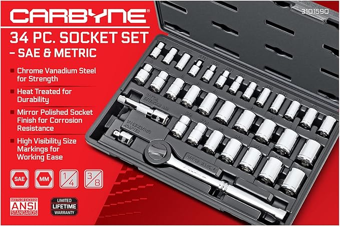 CARBYNE 1/4" & 3/8" Drive Socket & Ratchet Set - 34 Piece | SAE & Metric. Includes Metric 6 to 18mm, SAE 5/32" to 3/4". 6 & 12 Point. Cr-V Steel • From a Family-Run Tool Company Based in the U.S.A.