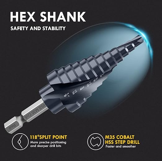 Upgrade M35 Cobalt Step Drill Bit with Ultra TiAIN Coating, 3/16"-7/8" Unibit Step Bit with Double Sprial Flute, 1/4" Hex Shank Drill Bit for Metal, Stainless Steel, Aluminum, Copper, Wood