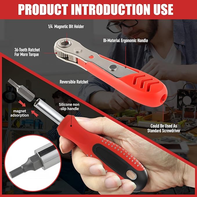 24 in 1 Multi-Bit Ratcheting Screwdriver, Magnetic Interchangeable Ratchet Screwdriver with Changeable Bits（Phillips,Slotted,Hex,Square,Torx）for Home,Work,DIY.
