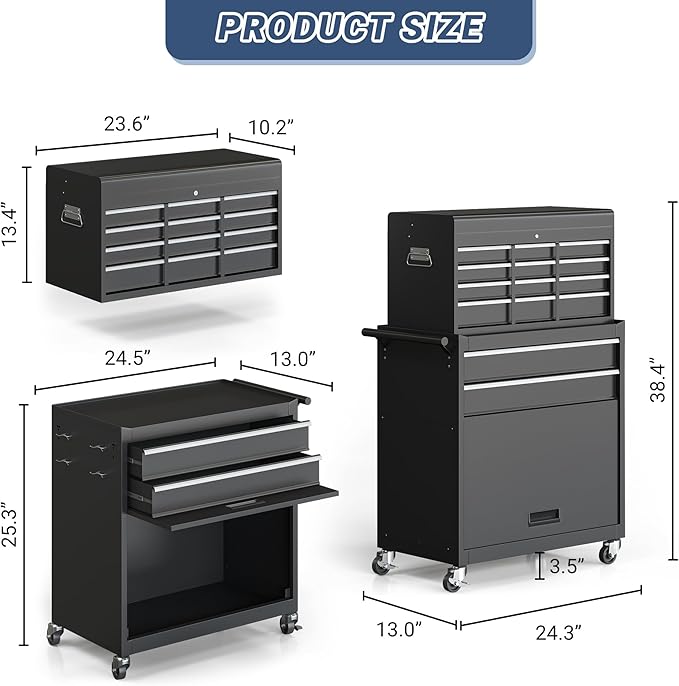 Tool Chest, 8-Drawer Large Rolling Tool Storage Cabinet with Enhanced Packaging, Detachable Top Tool Box with Tray Divider, Liners, Metal Tool Cart for Garage Workshop, Black