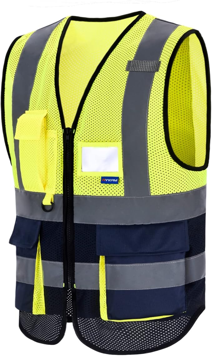 A-SAFETY High Visibility Mesh Safety Reflective Vest with Pockets and Zipper,Hi Vis Viz Reflective Safety Vest(Yellow&Navy Mesh L)