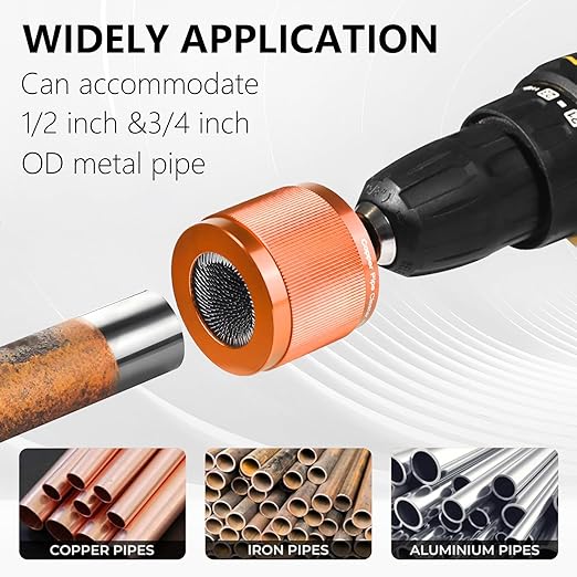 1/2" & 3/4" Copper Pipe Cleaner Set for Drill, with 1/4" Hex Shank & 10 Brush Blades Plumbing Tools for Removing Rust, Stains & Paint from Copper & Metal Pipes (Orange)