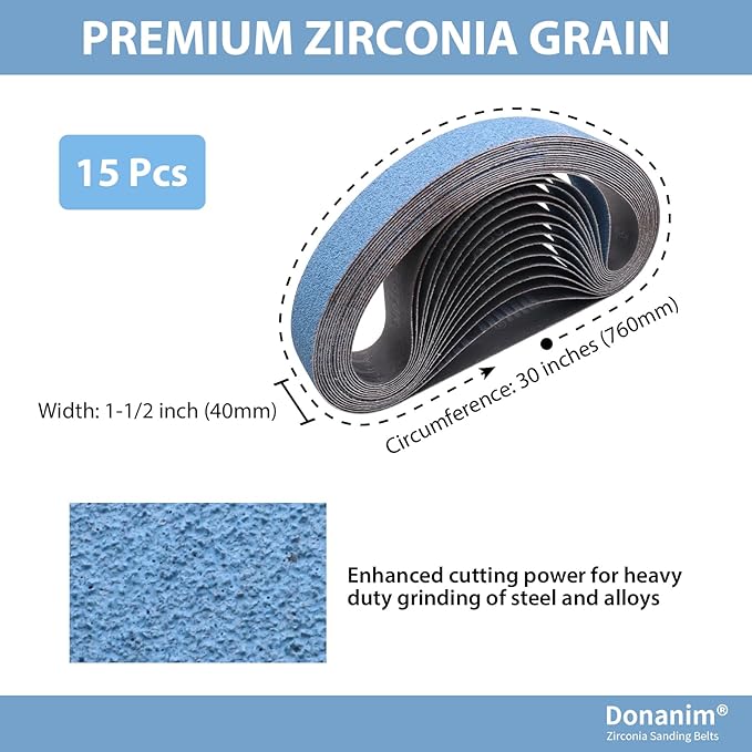 1-1/2 x 30 Inch Zirconia Sanding Belts for Pipe Tube Polisher Sander, 1.5x30" 60 Grit Sander Belts for Pipe Belt Sander, 1-1/2" x 30" Zirconia Grinding Sand Paper for Metal Burnishing, 15 Pack