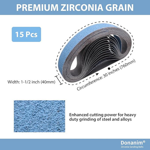 1-1/2 x 30 Inch Zirconia Sanding Belts for Pipe Tube Polisher Sander, 1.5x30" 60 Grit Sander Belts for Pipe Belt Sander, 1-1/2" x 30" Zirconia Grinding Sand Paper for Metal Burnishing, 15 Pack