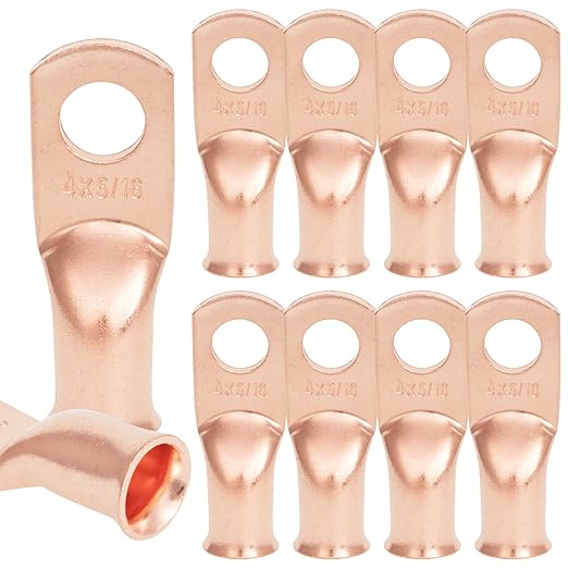 10PCS 4AWG - 5/16''Stud Heavy Duty Copper Terminals,Battery Cable Crimp Lugs,Battery Cable Ends,Bare Copper Eyelets Tubular Ring Terminals,Closed End Crimp Electric Connectors