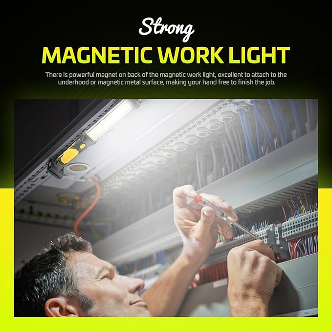 WARSUN 2PC Rechargeable 1500LM COB LED Work Light - Magnetic Hands-Free Trouble Light with Hook, IPX4 Waterproof for Garage Repair, Emergency | Tool Gifts for Men (Yellow)