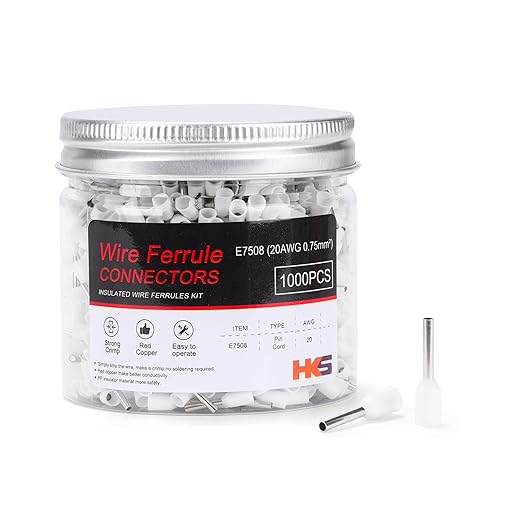 HKS 1000PCS Wire Ferrule Connectors - AWG 20-0.75mm² Copper Barrel Pin Cord Ends Insulated Ferrules Terminals - E7508 White