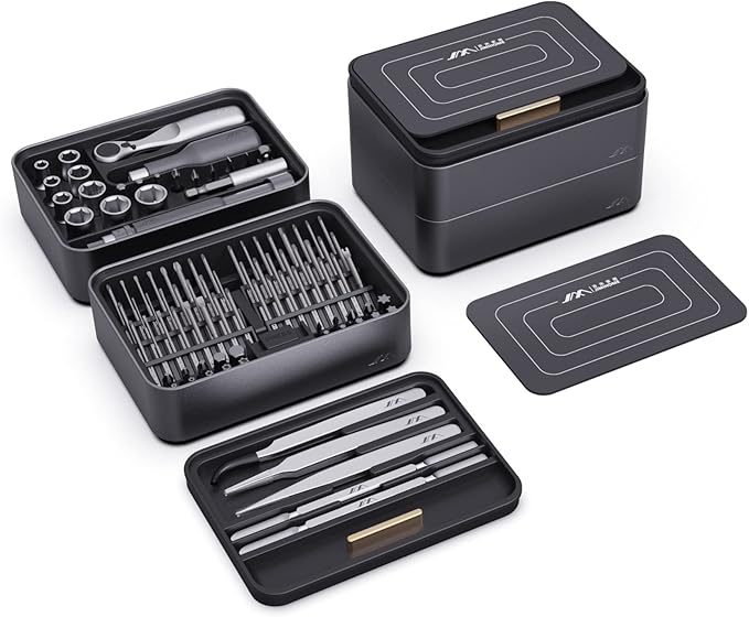 JIMIHOME 100 Pieces Precision Screwdriver Set with Ratchet and Tweezers Magnetic Screwdriver Kit Desktop Mini Tool Station 100-Piece with Bits for Electronics PC Laptop Tablet Repair Household Tool