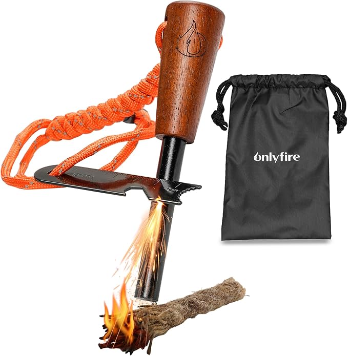 Fire Starter Survival Tool, Ferro Rod Kit with Tinder Wick, Pouch, Waterproof Flint and Steel Fire Starter for Camping, Hiking and Backpacking Gear