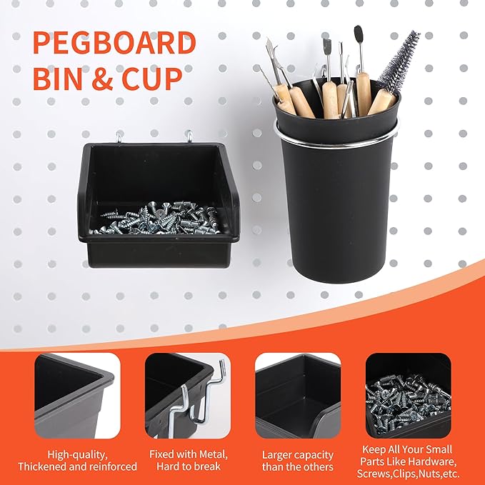 130PCS Pegboard Hooks Assortment - Peg board Hooks for Hanging Tools with Pegboard Bins & Cups,1/8-Inch Pegboard Wall Organizer - Ideal for Organizing in the Garage Kitchen Workbench Craft Room