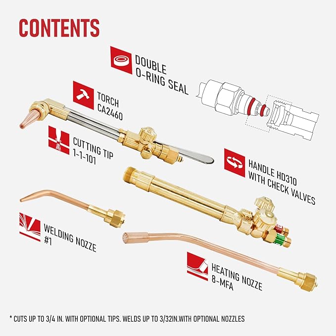RX WELD Heavy Duty Oxy-Fuel Torch Kit with Check Valves, Cutting Tip 1-1-101 and 8-MFA Heating Nozzle