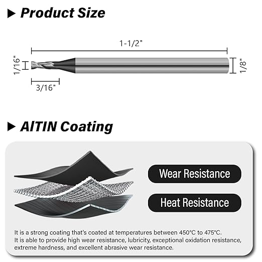 3PCS 1/16" Micrograin Carbide Square End Mill Set 2 Flute HRC 55 AlTiN Coating End Milling Bits for Milling Alloy Steels, Hardened Steel, CNC Router Bits