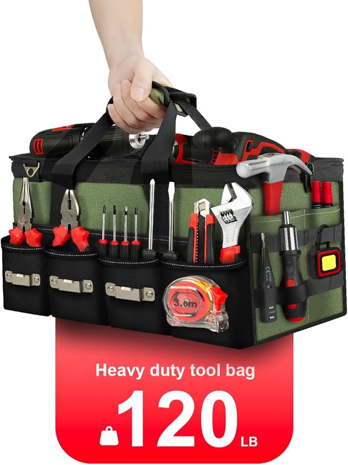 12 Inch Small Tool Bag-48 Pockets,1680D Tear&Abrasion Resistant,Includes Tool Pouch,Tool Belt,Magnetic Wristband&Adjustable Shoulder Strap | Tool Organizer(Green)
