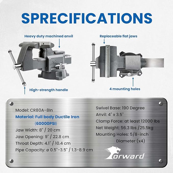 Forward CR80A 8 Inch Bench Vise Heavy Duty Vice with Anvil and 190 Degrees Swivel Base (8")