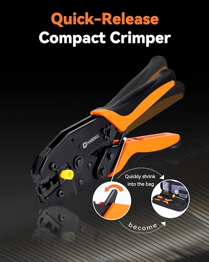 HARDELL Crimping Tool for Heat Shrink AWG22-10, Wire Crimping Tool with 90 PCS Wire Connectors, 3 Interchangeable Dies, Anti-Slip Grip, Electrical Connectors Kit Ratchet Wire Terminal Crimper