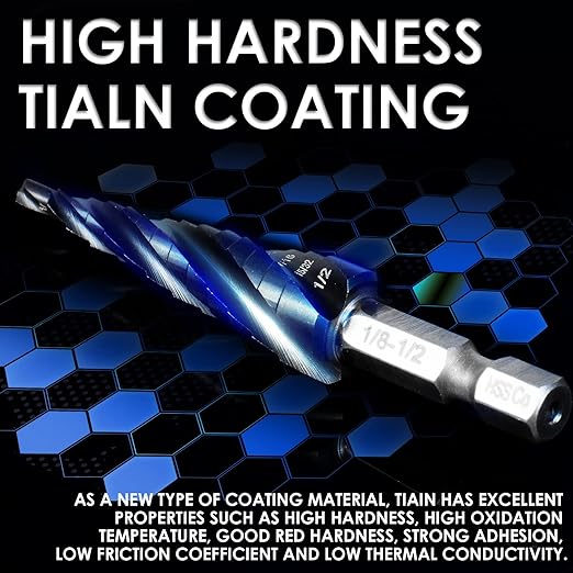 M35 Cobalt Step Drill Bit, Four Spiral Flute Unibit Step Drill Bit (1/8"-1/2") Wear-Resistant TiAlN Coated, 1/4" Hex Shank for Metal, Carbon Steel, Stainless Steel, Wood, Plastic (13 Size)