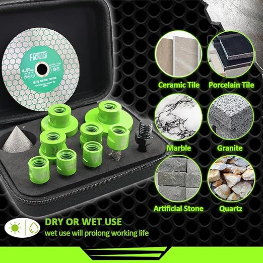 Tile Hole Saw Kit Diamond - FACHLICH 11pcs 2-1/2" Diamond Core Drill Bits Set and 4.5" Diamond Cutting Grinding Blade for Porcelain Ceramic Tile Marble Granite etc