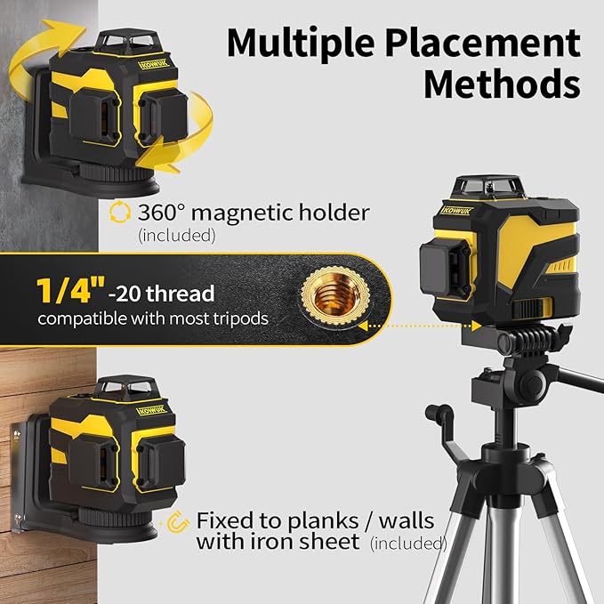 IKOVWUK Laser Level, 3x360° Cross Line Laser for Construction and Picture Hanging, 12 Green Lasers with Self-leveling, 3D Vertical & Horizontal Line, Level Tool with 5200 mAh Rechargeable Battery