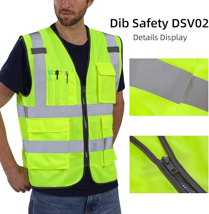 Dib Safety Vest Reflective ANSI Class 2, High Visibility Vest with Pockets and Zipper, Construction Work Vest Hi Vis Yellow XL