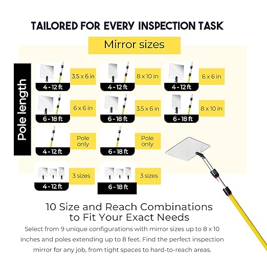 Inspection Mirror - Telescoping Heavy Duty, Lightweight & Durable, 4 ft - 12 ft Pole, 6 x 6 inch Acrylic Mirror