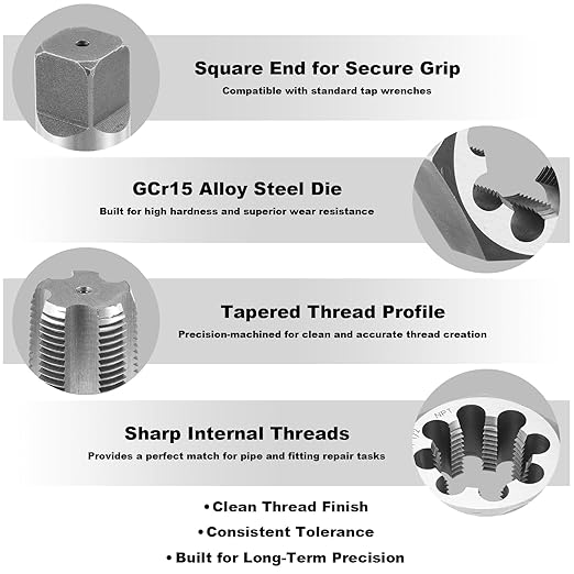 NPT Tap and Die Set – 1/8" to 1" Pipe Threading Tool Kit, GCr15 Alloy Steel Taper Tap and Hex Die Set with Storage Case for NPT Thread Repair and Cutting