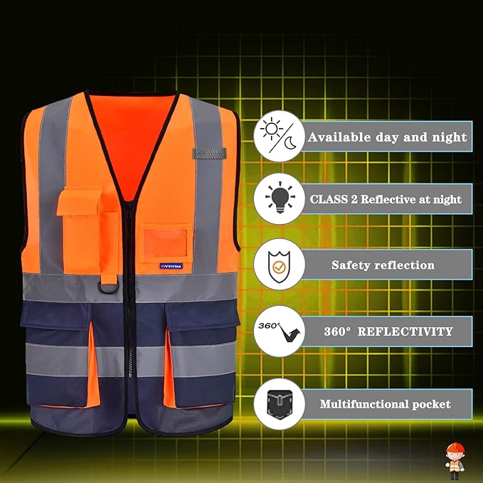 A-SAFETY High visibility vest,Reflective Safety Vest Workwear 7 Pockets Hi Vis Durable Vest with Reflective Tapes 4 Lower Pockets,Orange&Navy XL