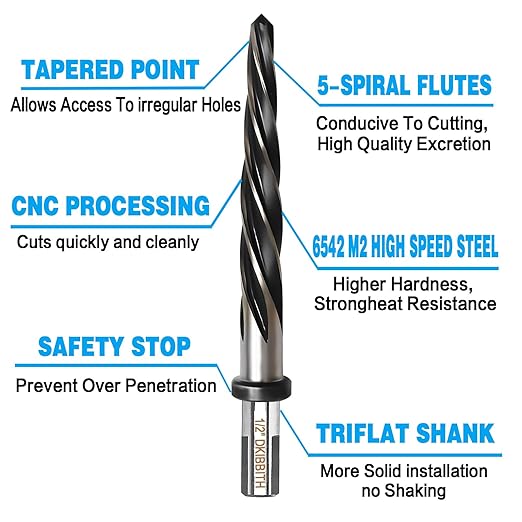 1/2” Bridge Construction Reamer Drill Bit, M2 HSS Taper Chucking Reamer for Steel Alloy Metal Wood Plastic, 1/2" Non-Slip Shank, 5-Spiral Flutes Car Reamer, to Align or Enlarge Holes, 12mm