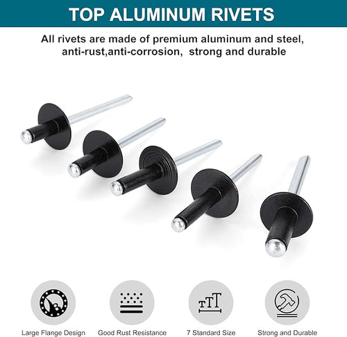 200PCS Black Rivets Pop Rivets Assortment Kit, Large flange Aluminum Rivets(1/8" 3/16" 1/4") Assorted Blind Rivets with Case