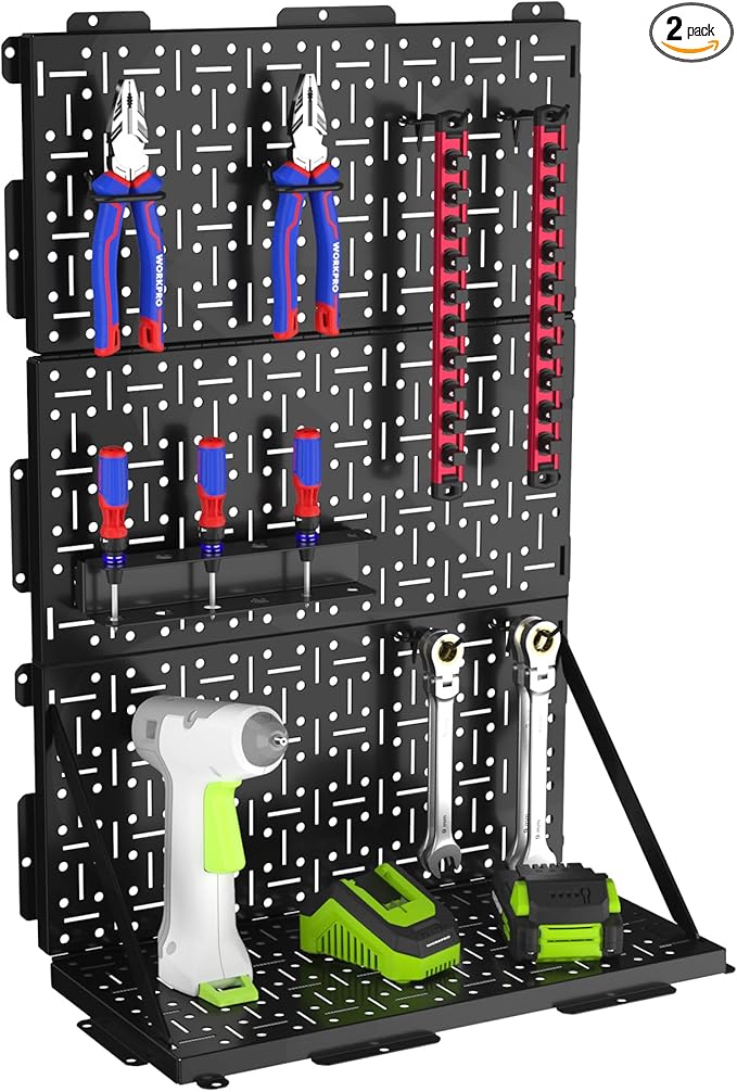 WORKPRO 16”x 16” Metal Peg Board, Foldable Black Pegboard for Wall Organization, Steel Panel with Round Holes & Vertical Slots, Ideal Tool Organizer in Office and Craft Room, 2 Pack