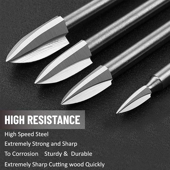 Wood Carving Tools, 5 PCS HSS Engraving Drill Bit Set Wood Crafts Grinding Woodworking Tool 1/8” Shank Universal Fitment for Rotary Tools