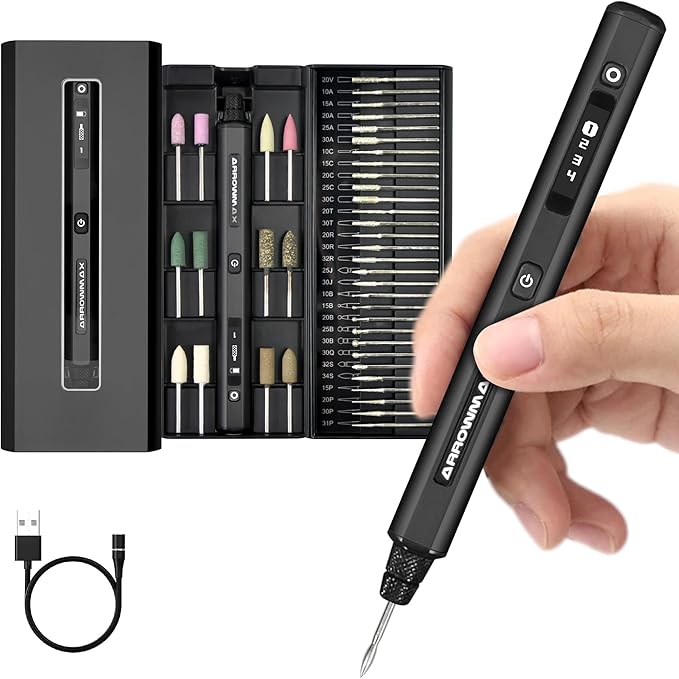 AM ARROWMAX Mini Engraving Pen, HollowCup Motor, 42 Bits with Aluminum Case, OLED, Magnetic Charge, Mini Cordless Rotary Tool, Engraving Pen for Bead, Metal, Wood, Glass and Plastic (SGS),Black