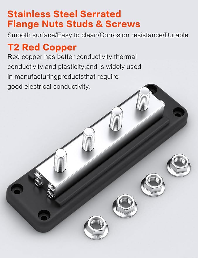 600A Heavy-Duty Bus Bar Nickel Plated Copper Distribution Terminal Block with Cover 4 M10 (3/8 in) Studs & 8 Screws Buss Bar for Solar RV Marine Car Audio 12-48V DC Battery System